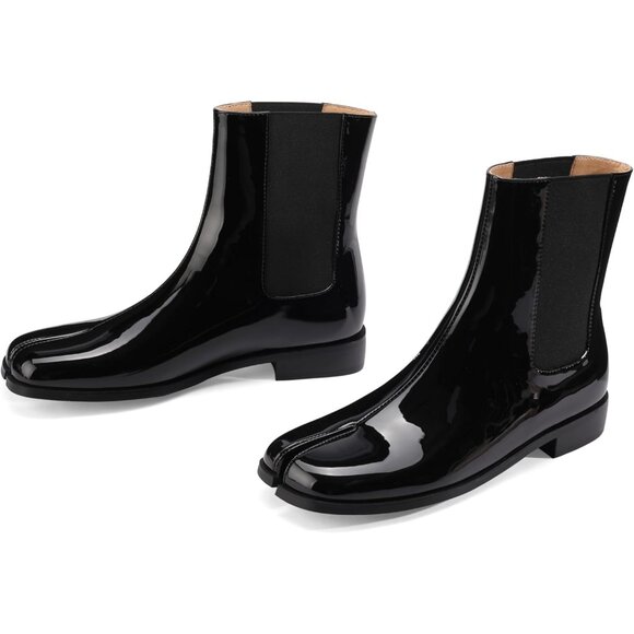 ⚡Women's Black Split Toe Patent Leather Ankle Boots Chelsea Block Low Heels - Picture 4 of 6